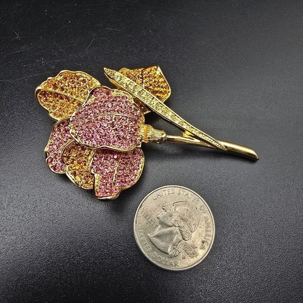 Orange Pink Rhinestone Flower Brooch Gold Tone Costume Jewelry